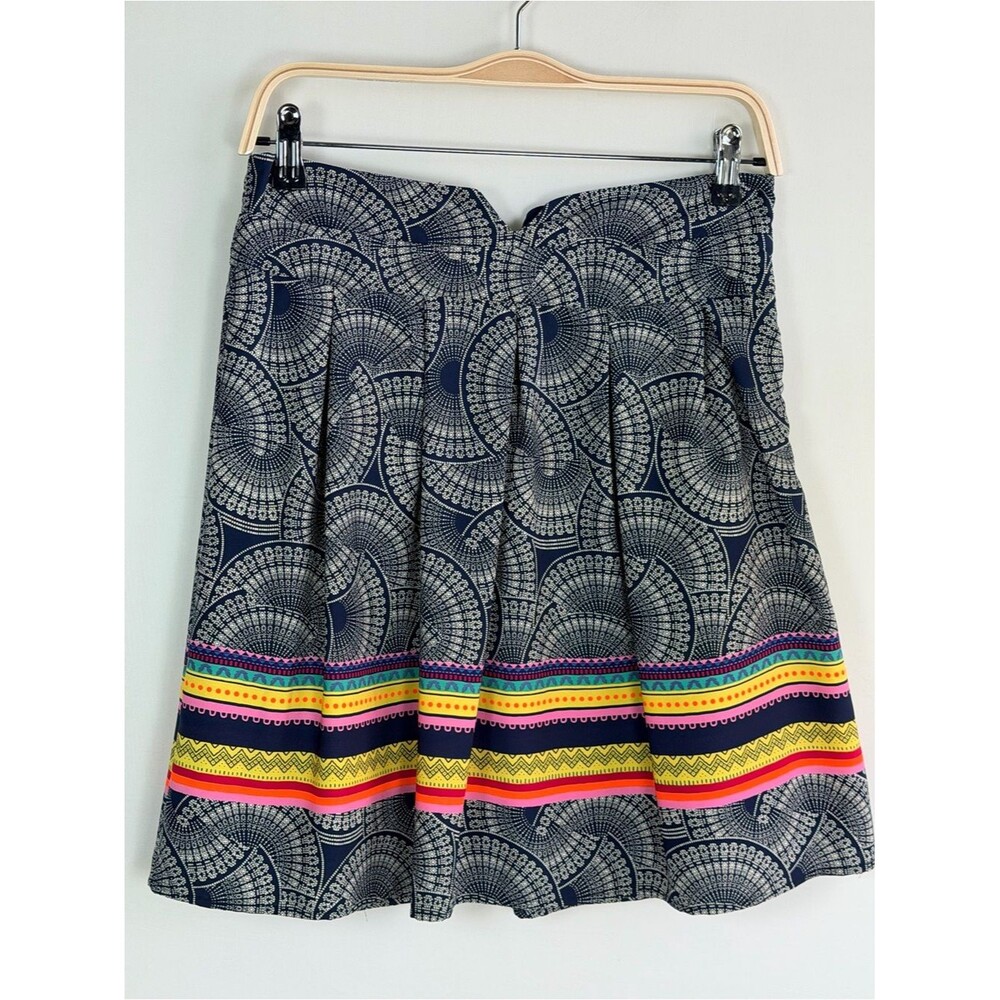 Blue Rain Printed Pleated Skater Skirt Navy Multicolor Highlighter Accent Large